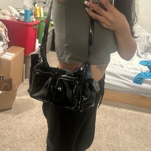 Black Patent Shoulder Bag with Front Pockets